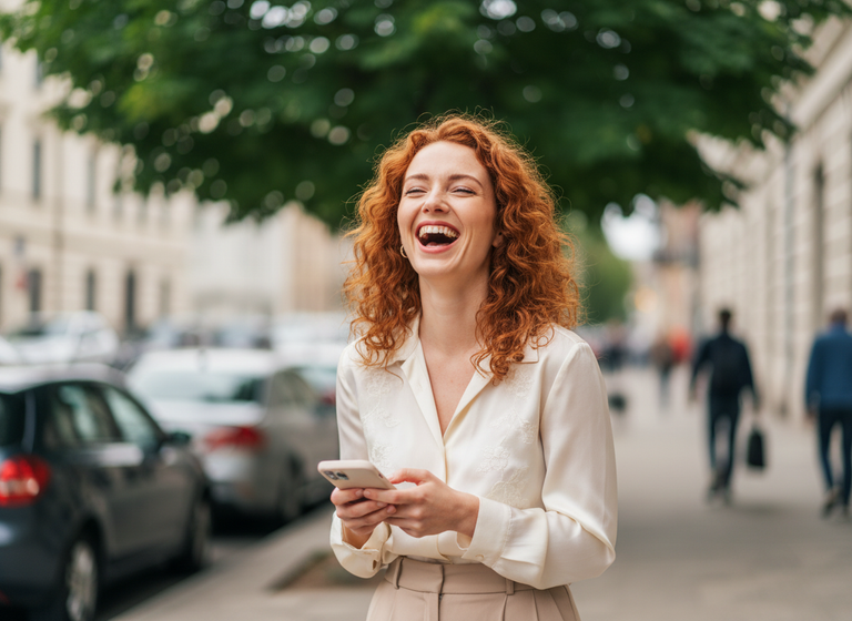 Eine rothaarige Frau in einem weißen Oberteil lacht lebhaft, während sie auf ihrem Smartphone tippt, stehend auf einem Bürgersteig in einer städtischen Umgebung mit parkenden Autos und Bäumen im Hintergrund.